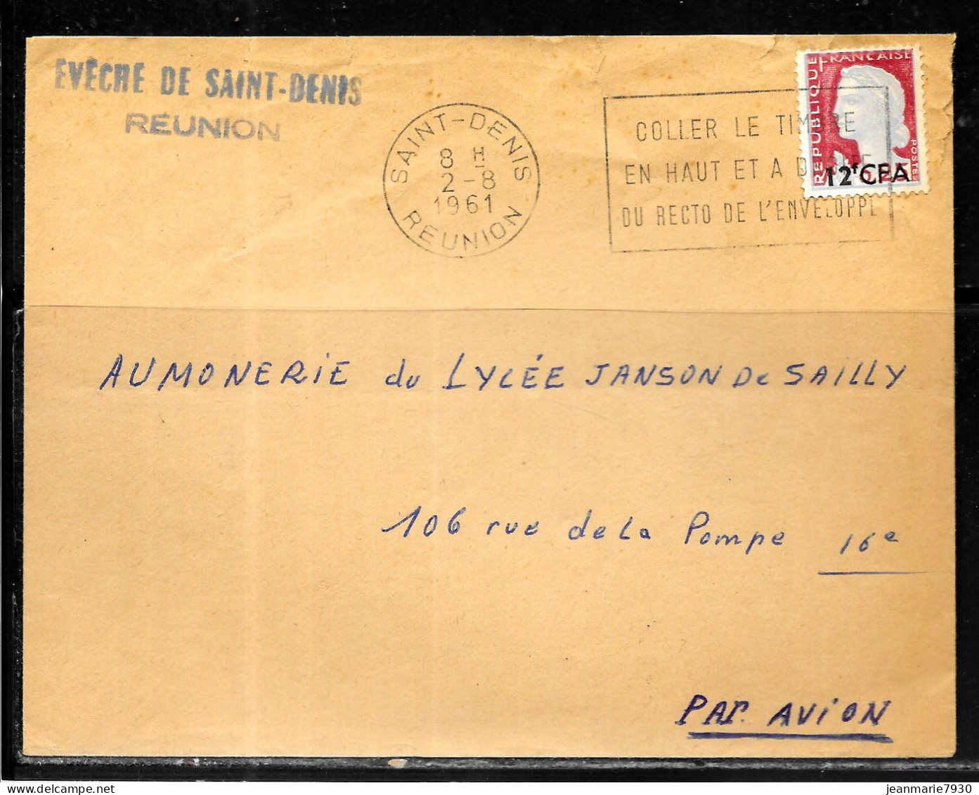 C98 - REUNION - N° 350 SUR LETTRE DE SAINT DENIS DU 02/08/61 - EVECHE DE SAINT DENIS - FLAMME - Brieven En Documenten