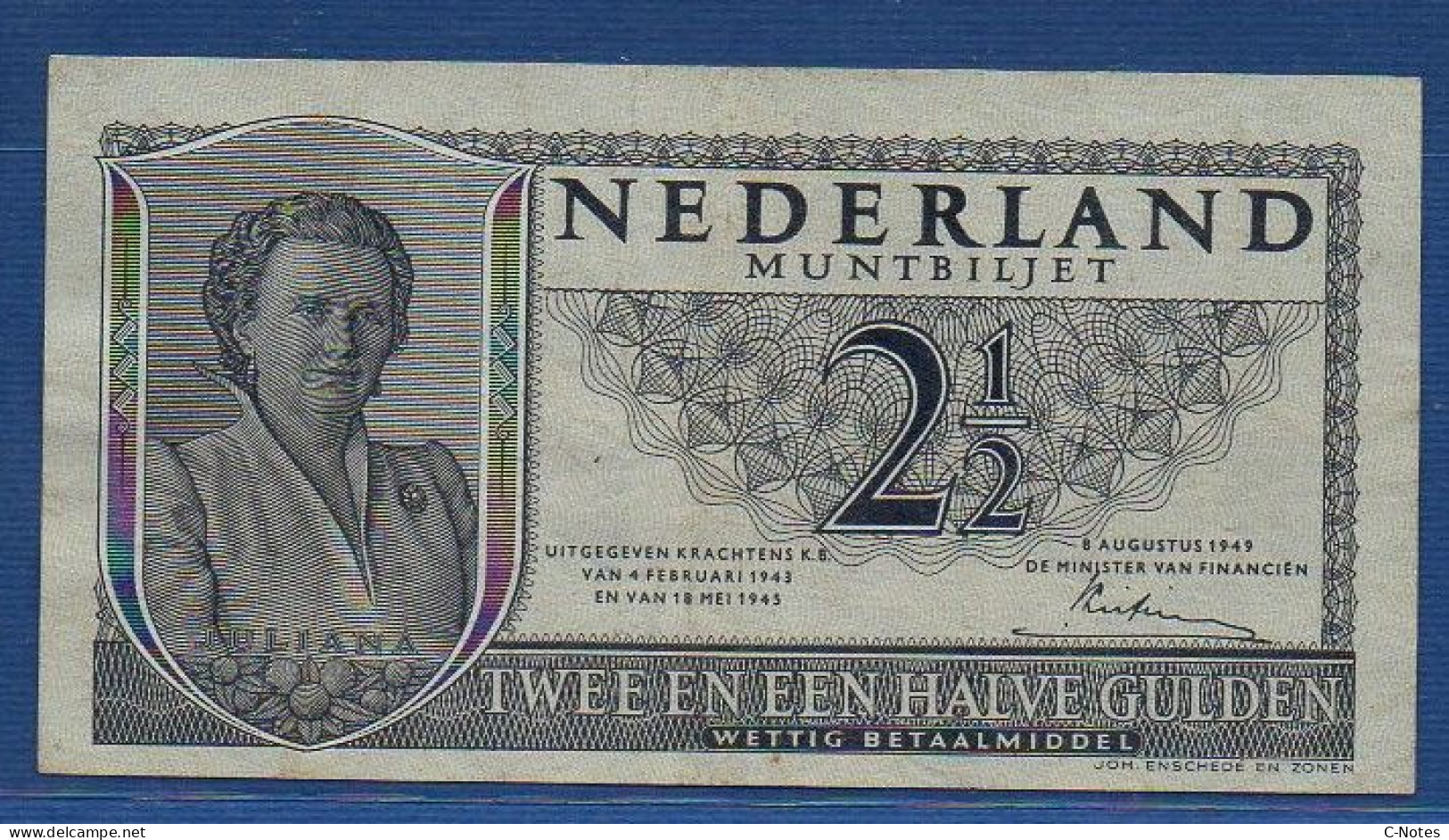 NETHERLANDS  - P.73 – 2 ½ Gulden L. 04.02.1943 & 18.05.1945 / 08.08.1949  AXF, S/n 4HK004450 - 2 1/2 Gulden