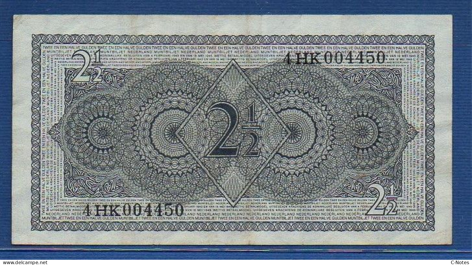 NETHERLANDS  - P.73 – 2 ½ Gulden L. 04.02.1943 & 18.05.1945 / 08.08.1949  AXF, S/n 4HK004450 - 2 1/2  Florín Holandés (gulden)