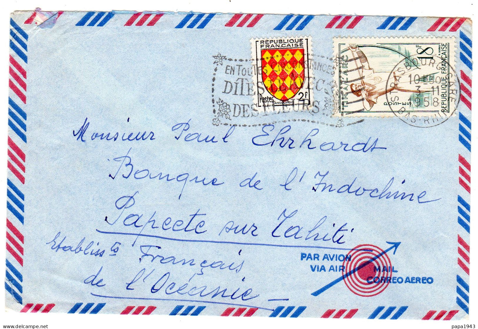 1958  CAD STRASBOURG GARE  Timbres Blason Angoumois 2f + Tir à L' Arc 18f  Envoyée à PAPEETE TAHITI - Briefe U. Dokumente