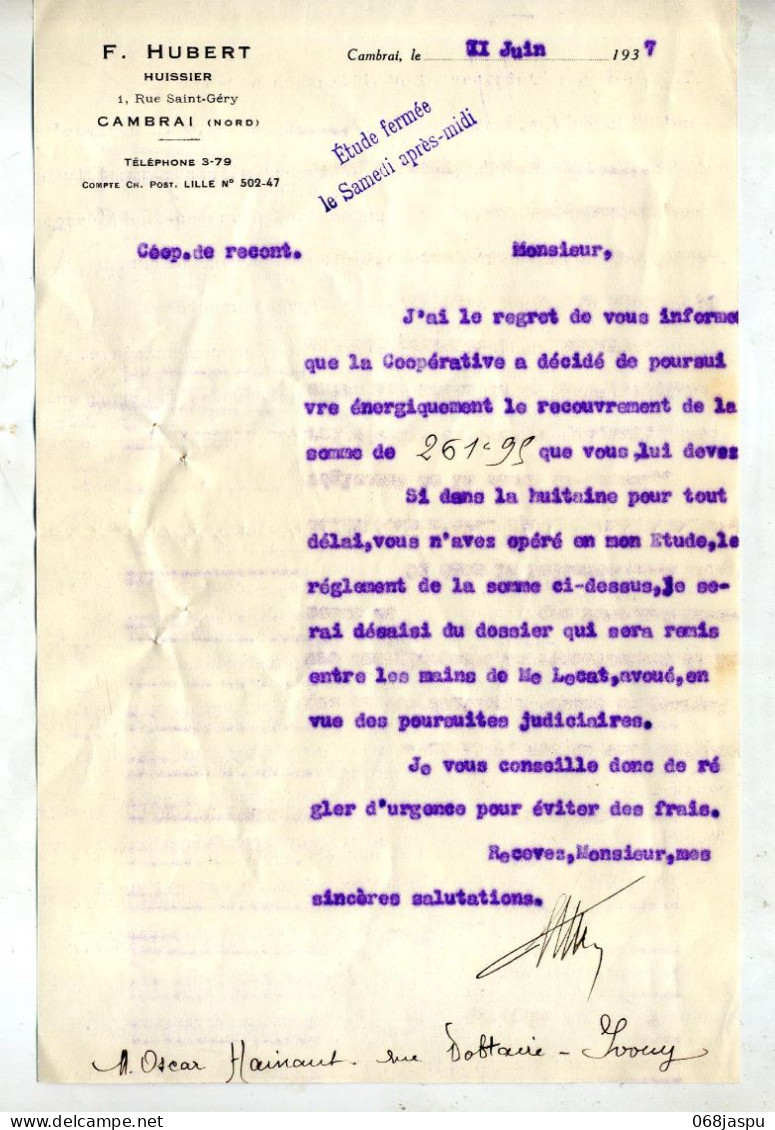 Lettre Cachet Cambrai + Retour   Inconnu Manuscrit - Handstempels