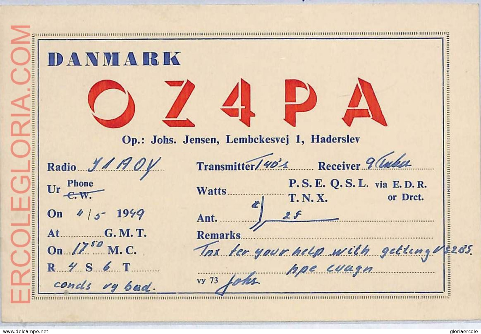 Ad9022 - DENMARK - RADIO FREQUENCY CARD -  Haderslev - 1949 - Radio