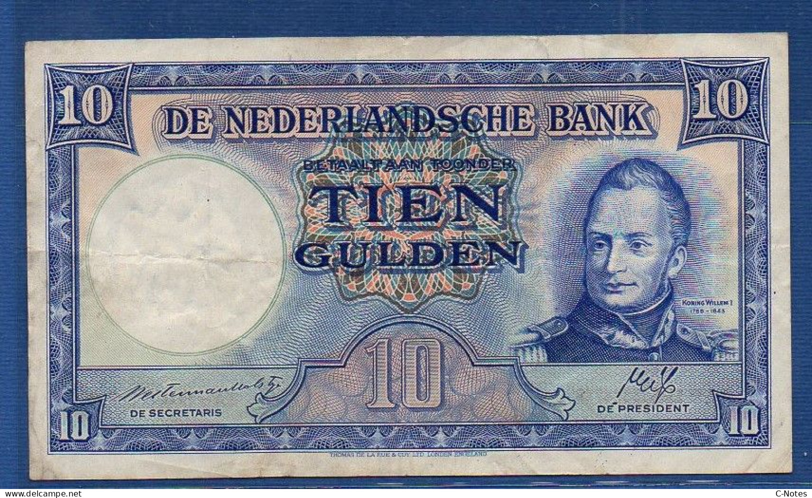 NETHERLANDS  - P.75a – 10 Gulden 1945 AVF, S/n 2AB 943266 - Incorrect Year Of Birth Below Name Of King: 1788-1843 - 10 Gulden