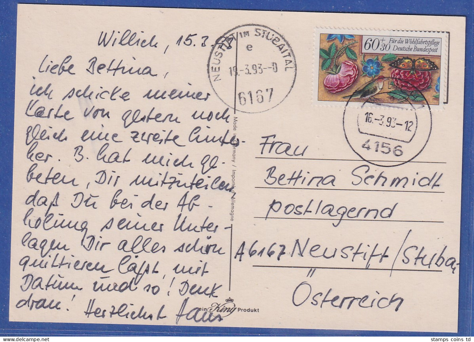Bund Wohlfahrt 1985 Mi.-Nr. 1260 EF Auf Postkarte V. WILLICH Nach Österreich - Sonstige & Ohne Zuordnung