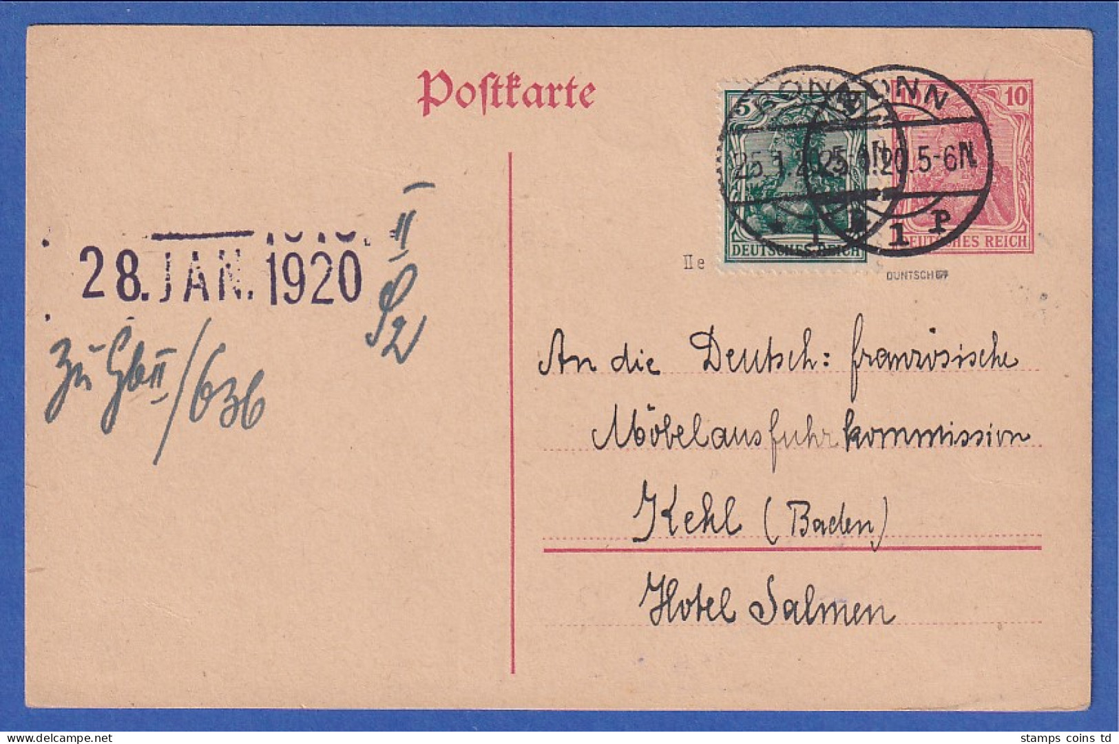 Dt. Reich Germania Mi.-Nr. 85 II E Als Zufrankatur Auf GA-Karte 10Pfg. O BONN  - Covers & Documents