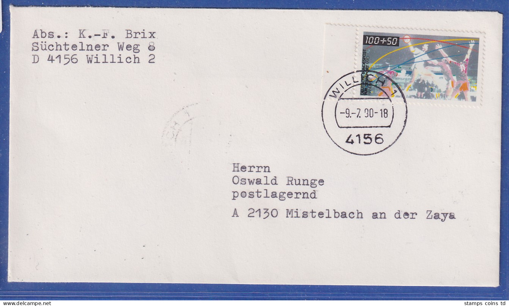 Bund Sporthilfe Mi.-Nr. 1449 EF Auf Brief V. WILLICH Nach Österreich 1990 - Sonstige & Ohne Zuordnung