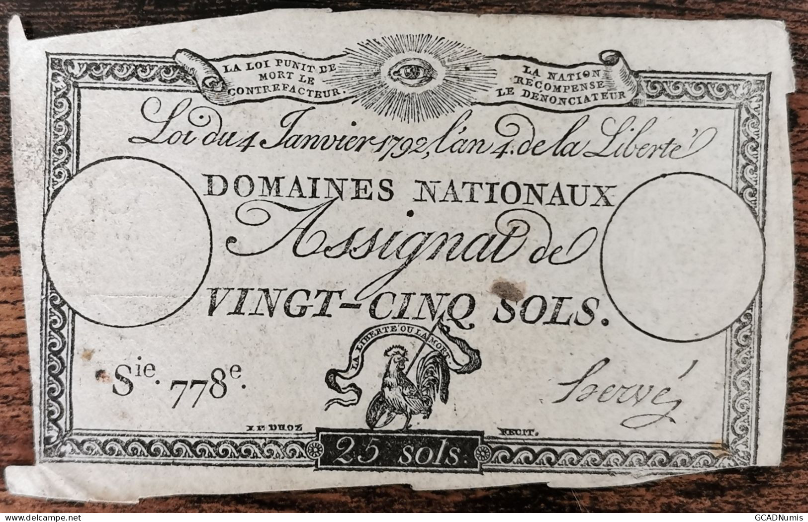 Assignat 25 Sols - 4 Janvier 1792 - Série 778 - Domaine Nationaux - Assignats & Mandats Territoriaux