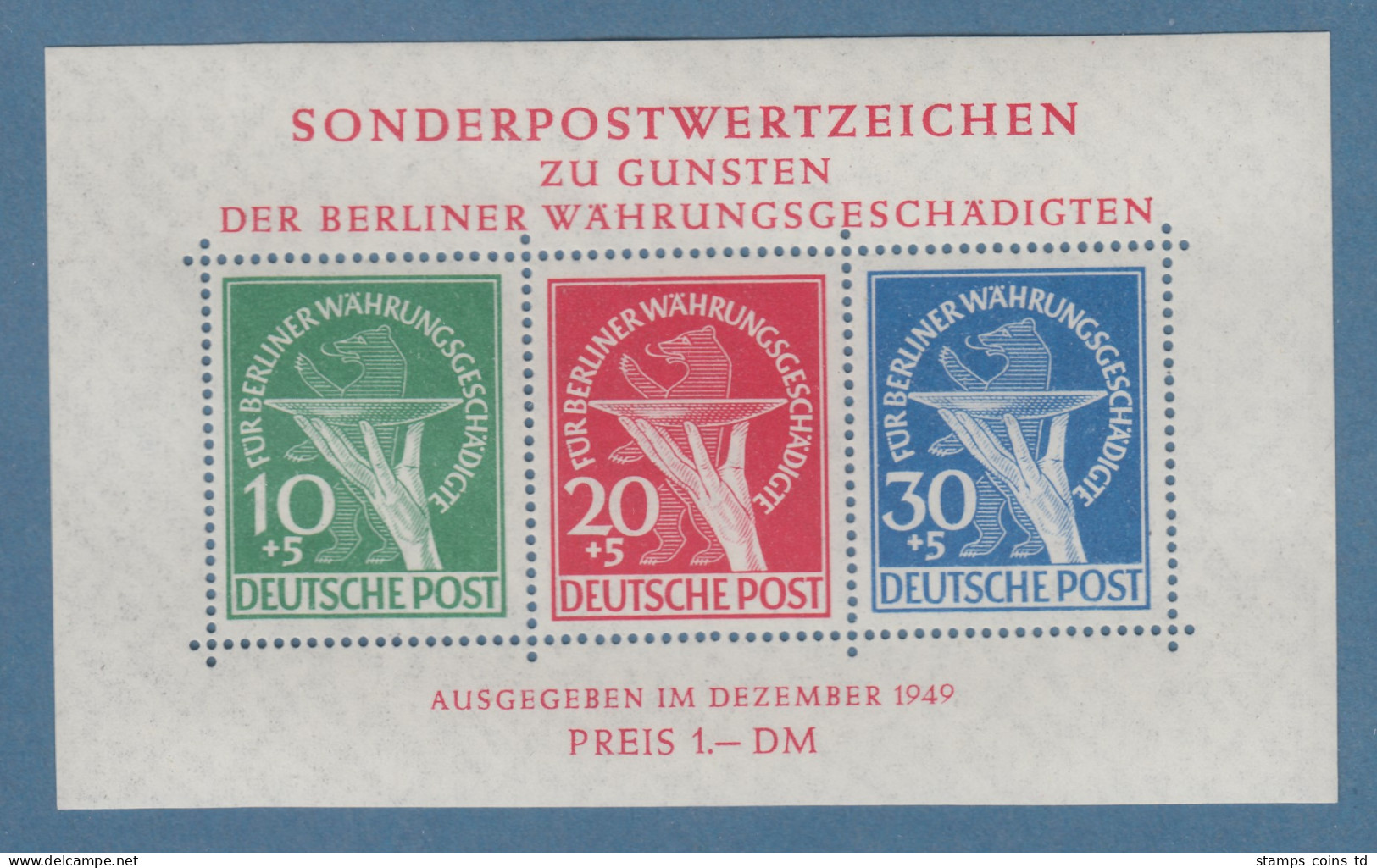 Berlin 1949 Währungsgeschädigten-Block **, Attest Schlegel - Unused Stamps