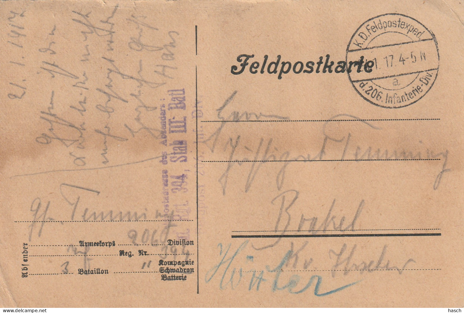 4935 3  Feldpostkarte 21-01-1917. Stempel: K.D. Feldpostexped.d. 206. Infanterie-Div + Rgt 394, Stab III Batl. - Guerre 1914-18