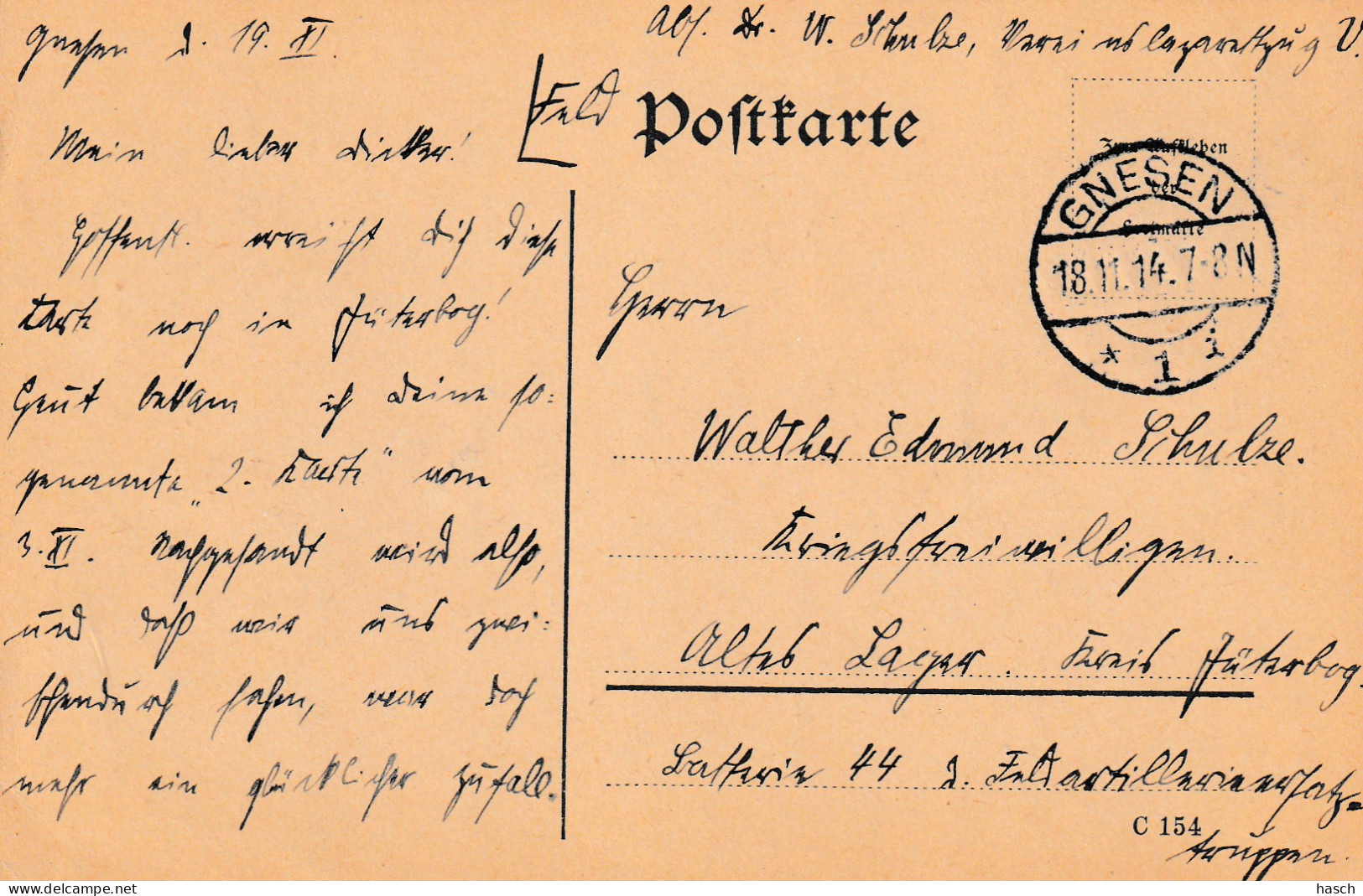 4935 8 Feldpostkarte 18-11-1914 Gnesen 1 Nach??. Absender Dr Schulze, Krankenpfleger Lazarettzug V - Oorlog 1914-18