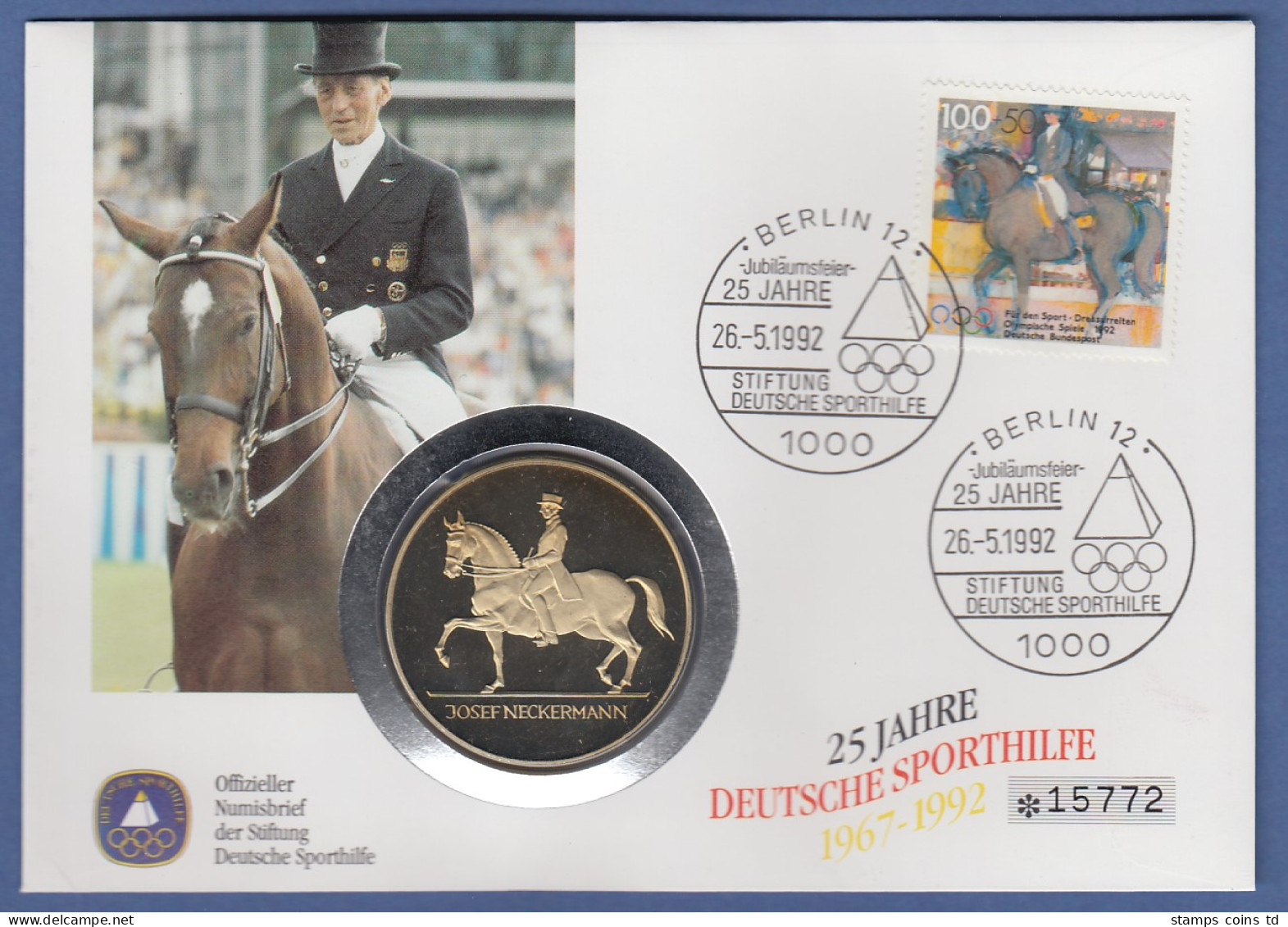 Numisbrief 1992 25 Jahre Deutsche Sporthilfe Mit Medaille Josef Neckermann - Sonstige & Ohne Zuordnung