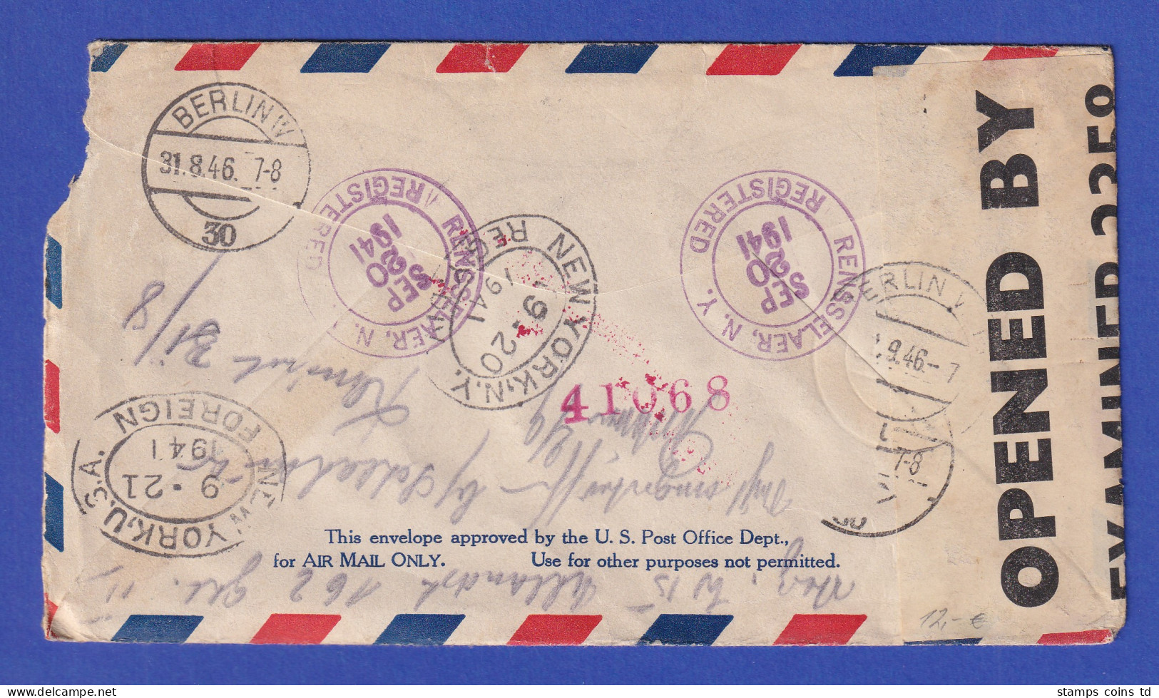 USA Luftpostbrief Nach Berlin Von September 1941, Angekommen August 1946 - Other & Unclassified