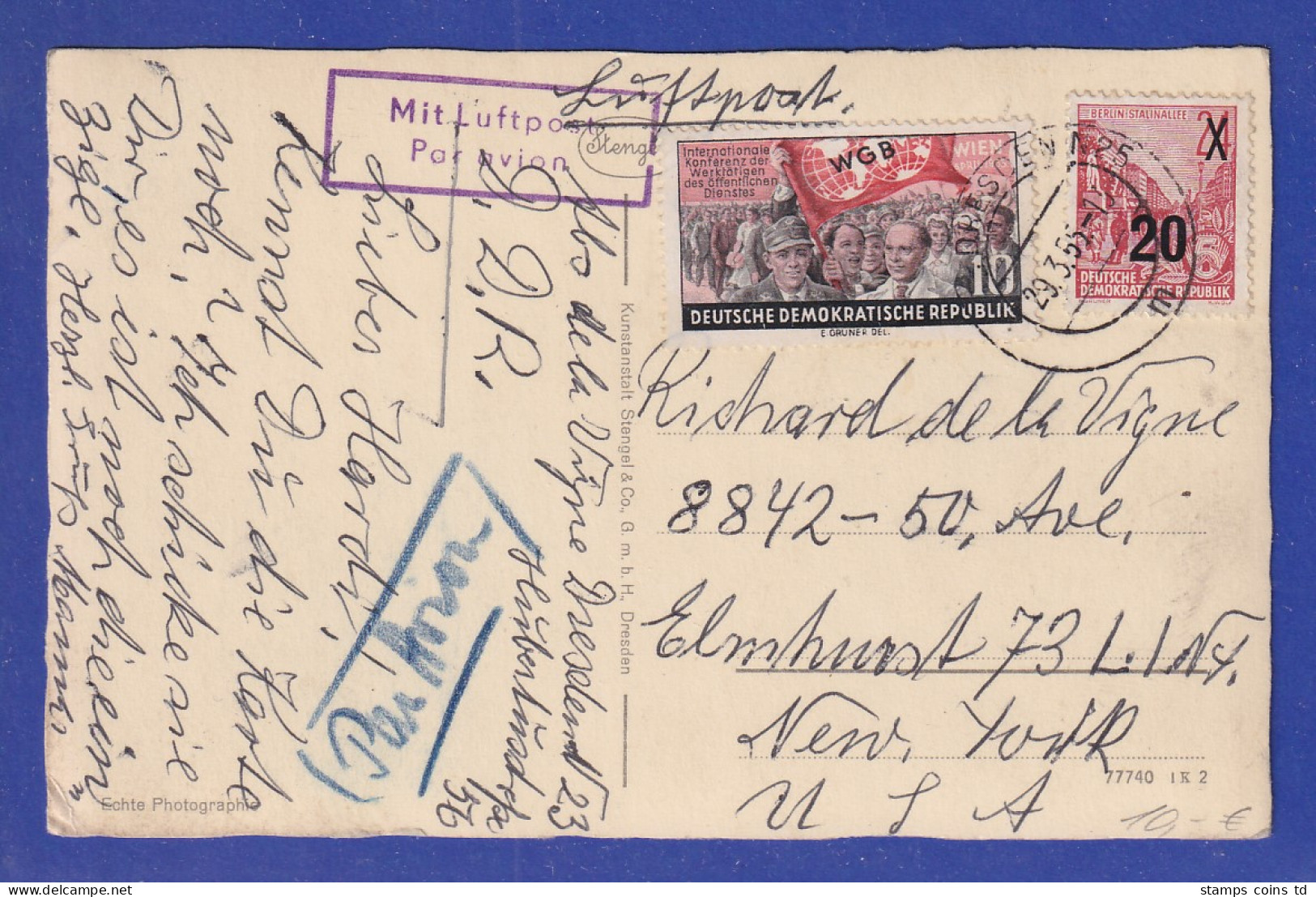 DDR 1955  Luftpost-Postkarte Gelaufen Von Dresden In Die USA - Autres & Non Classés