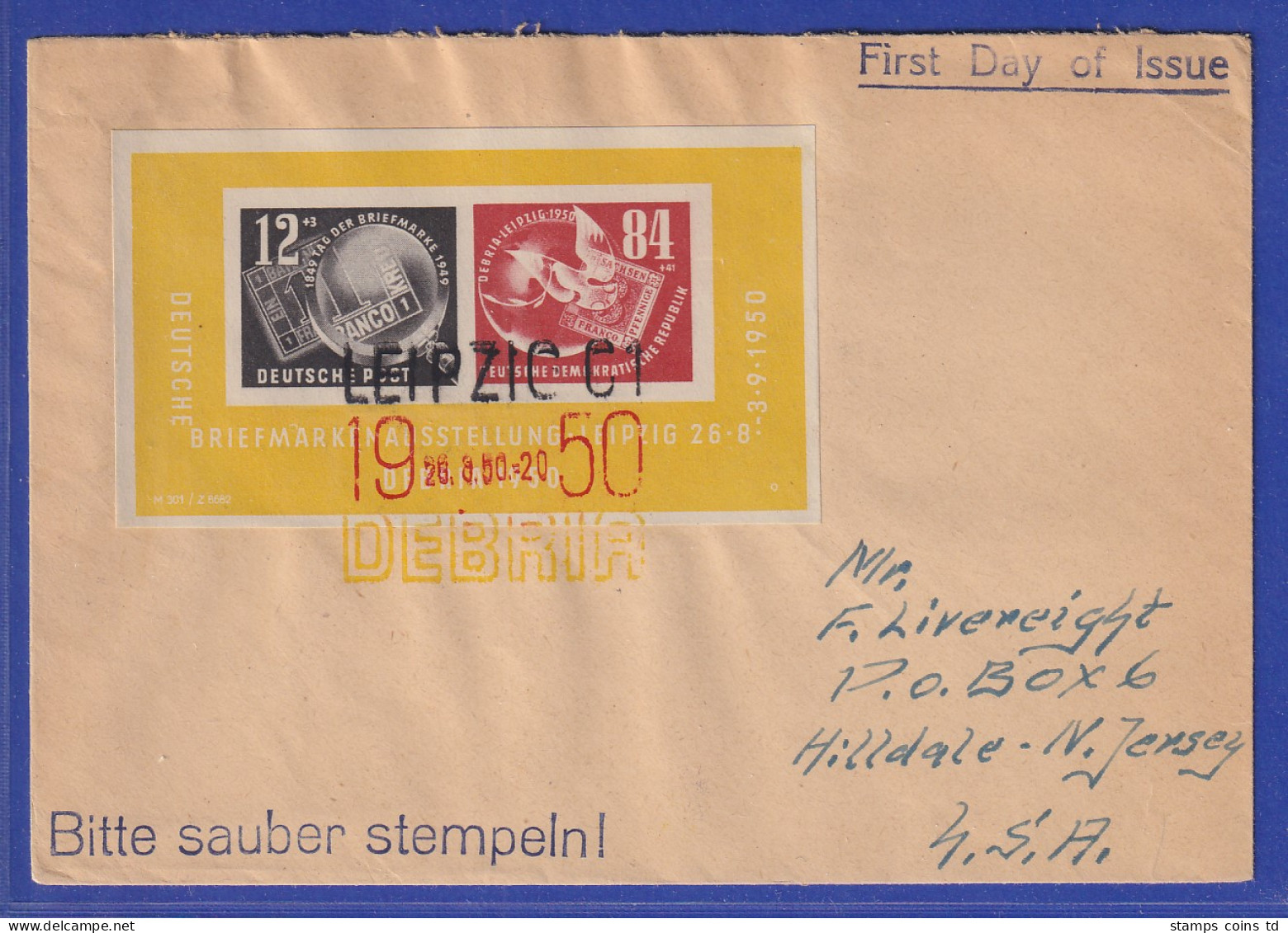 DDR 1950 DEBRIA-Block Auf FDC, Adressiert In Die USA  - Autres & Non Classés