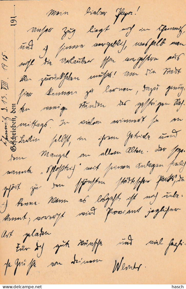 4935 17 Feldpostkarte 13-08-1915 Chemnitz 1- Rothenfelde. Absender Dr Schulze, Krankenpfleger Lazarettzug Vau - Weltkrieg 1914-18