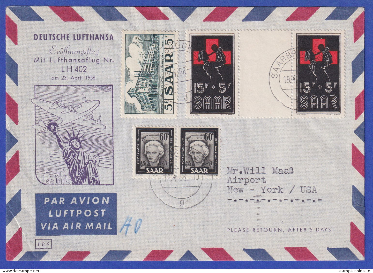 Saarland 23.4.1956 Mitläufer Lufthansa-Erstflug LH 402 Nach New York Rotes Kreuz - Lettres & Documents