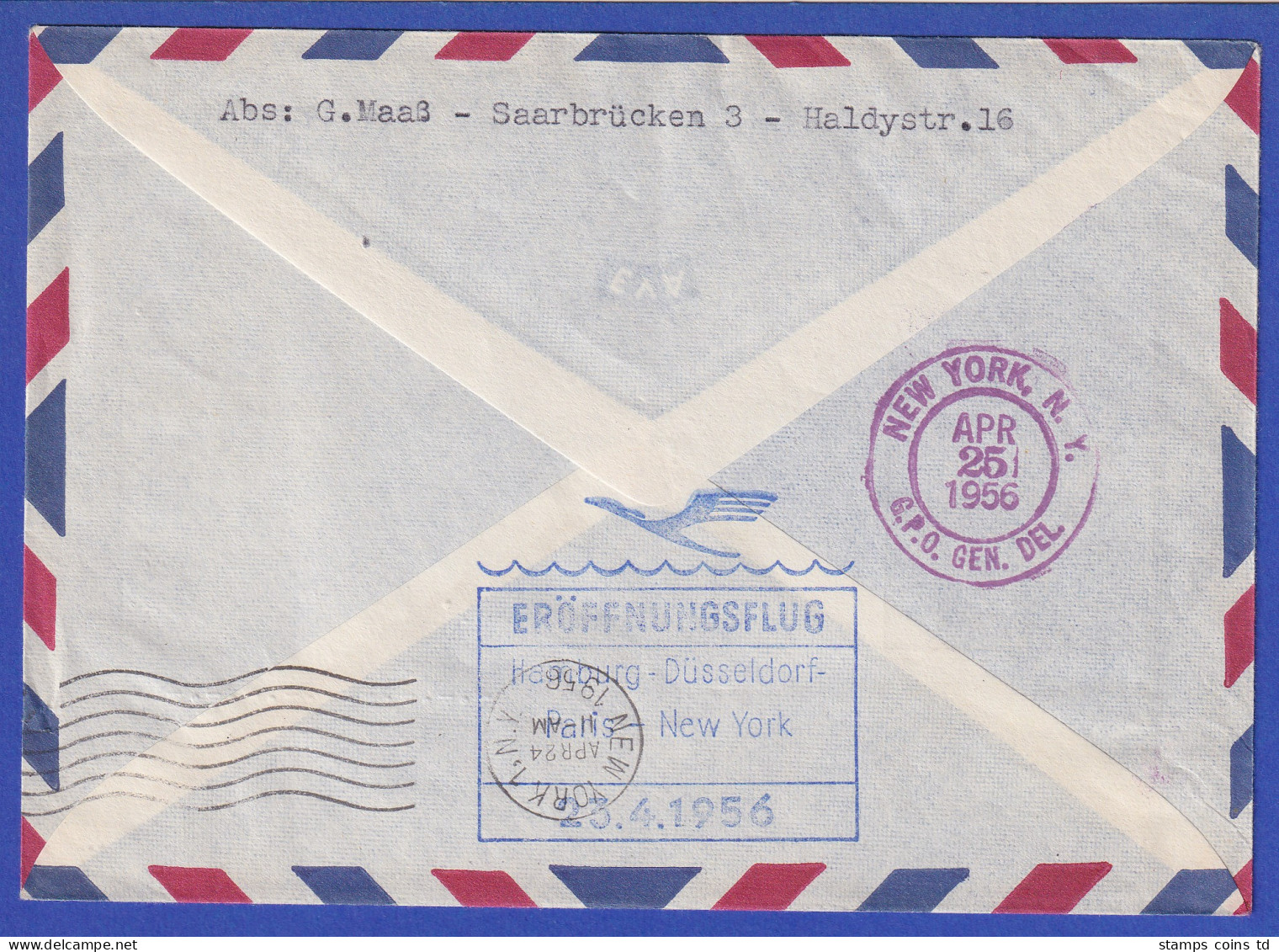 Saarland 23.4.1956 Mitläufer Lufthansa-Erstflug LH 402 Nach New York Rotes Kreuz - Brieven En Documenten