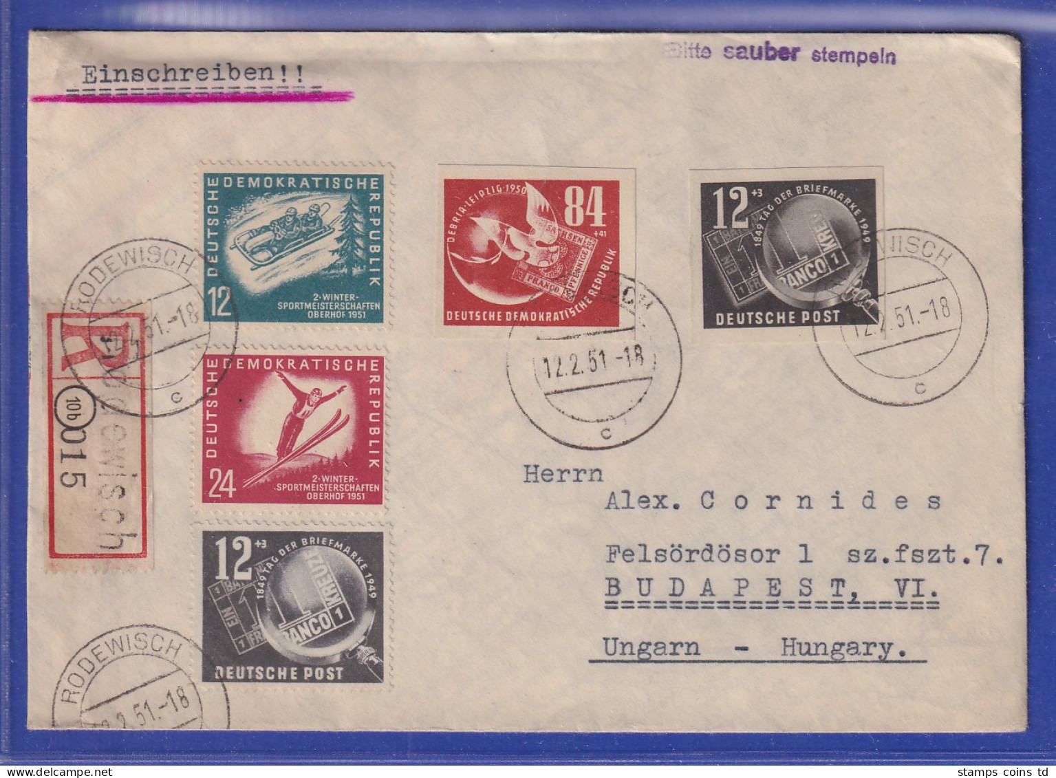 DDR 1951 R-Brief Aus Rodewisch Gel. Nach Budapest. Block-Einzelmarken ! - Sonstige & Ohne Zuordnung