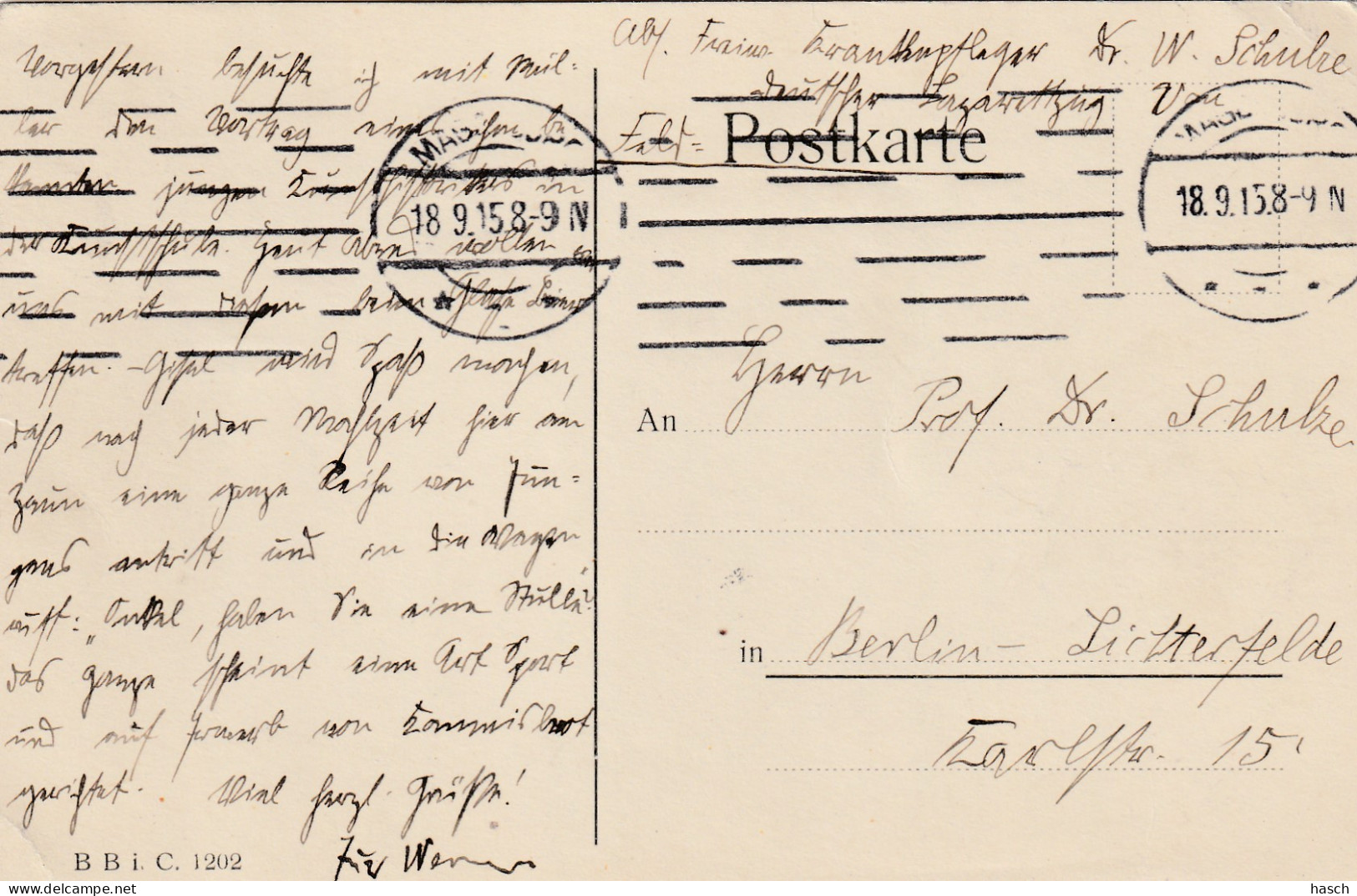 4935 20 Feldpostkarte 18-09-1915 Magdeburg- Berlin. Absender Dr Schulze, Krankenpfleger Lazarettzug Vau.  - Weltkrieg 1914-18