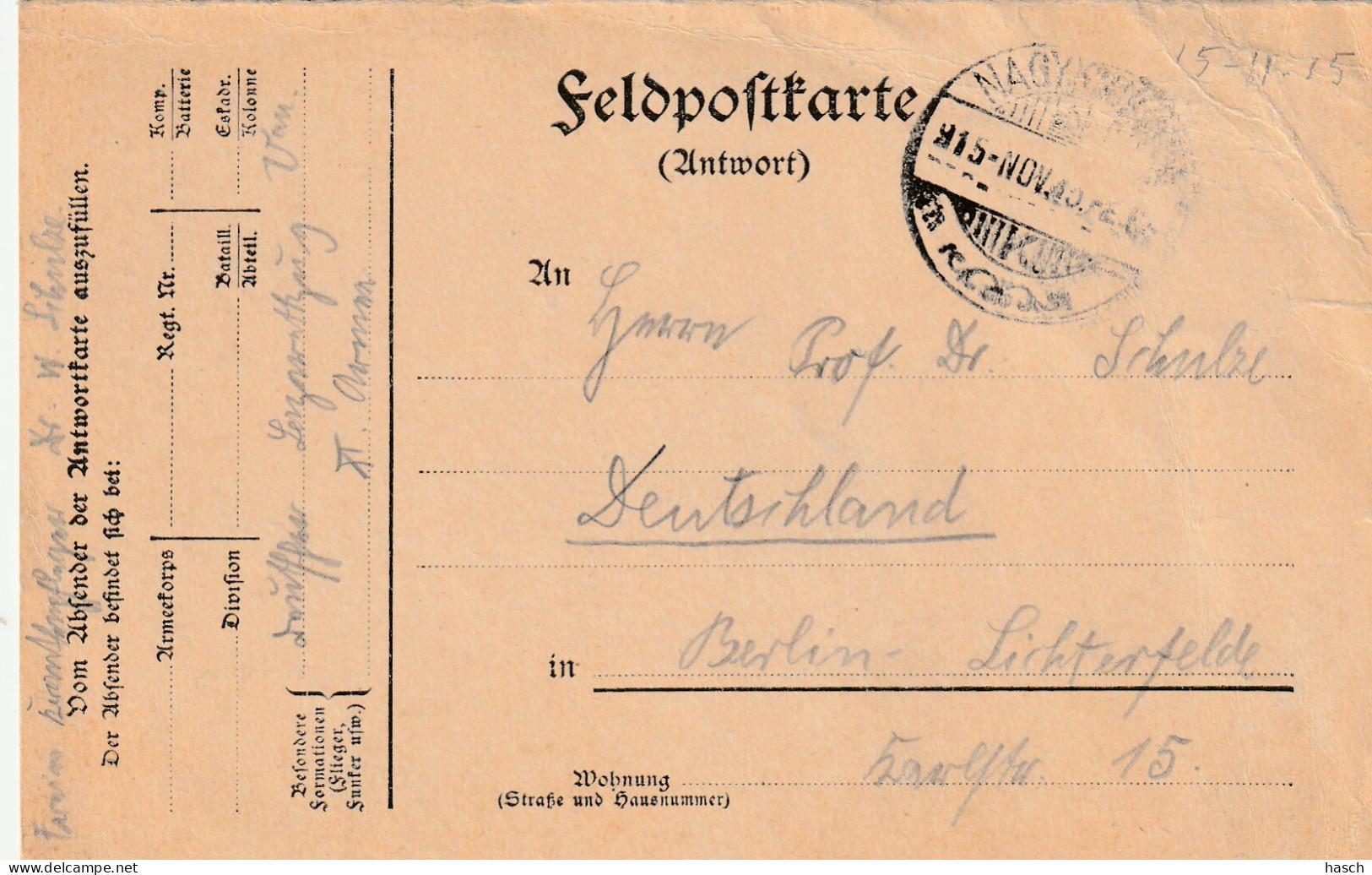 4935 21 Feldpostkarte 26-09-1915 Magdeburg- Berlin. Absender Dr Schulze, Krankenpfleger Lazarettzug Vau. - Guerre 1914-18