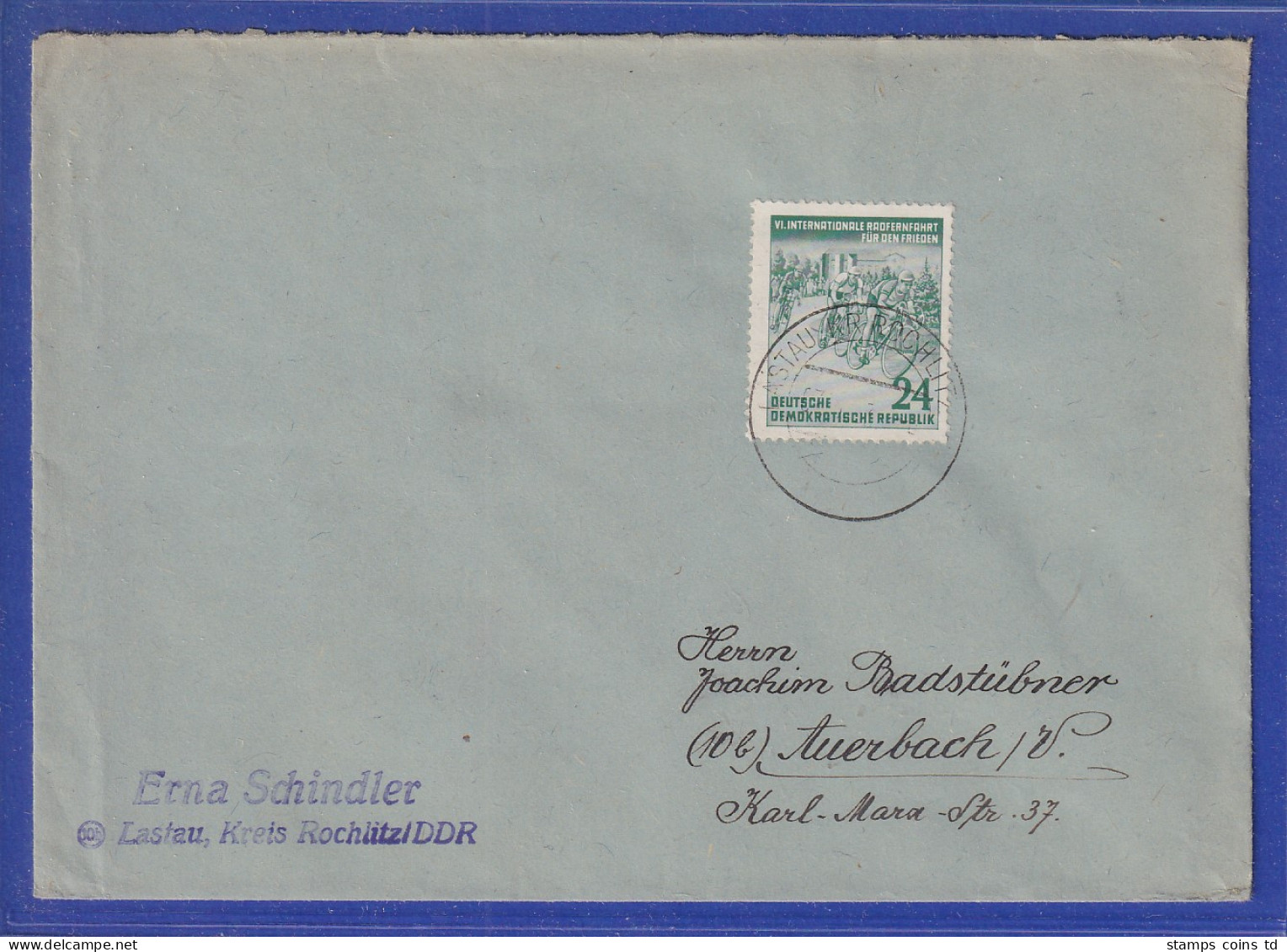 DDR 1953 Radrennen Mi.-Nr. 355 Als EF Auf Brief Von Lastau Nach Auerbach - Otros & Sin Clasificación