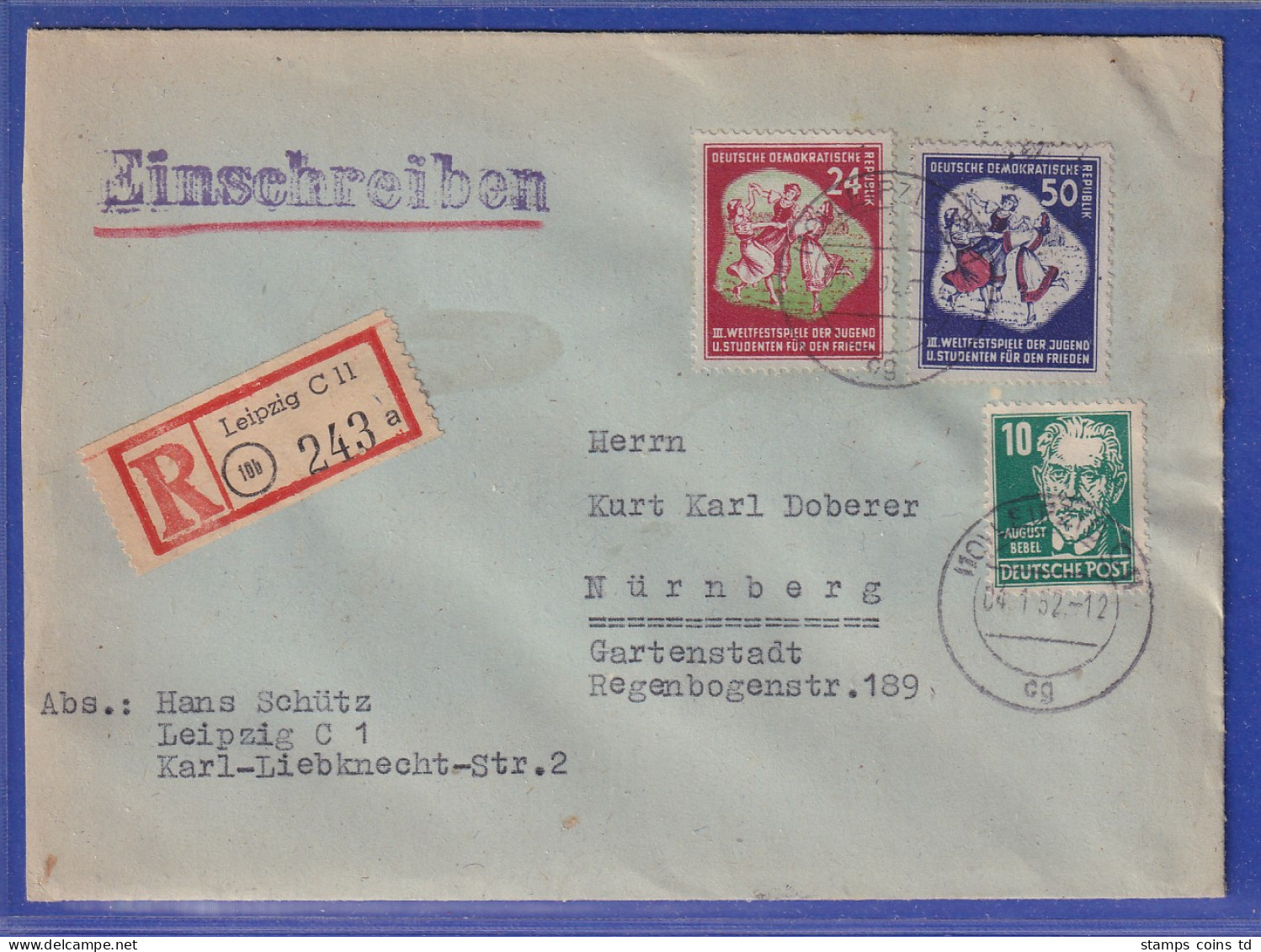 DDR 1951 Festspiele Mi.-Nr. 290 Und 292 Auf R-Brief Von Leipzig Nach Nürnberg - Andere & Zonder Classificatie