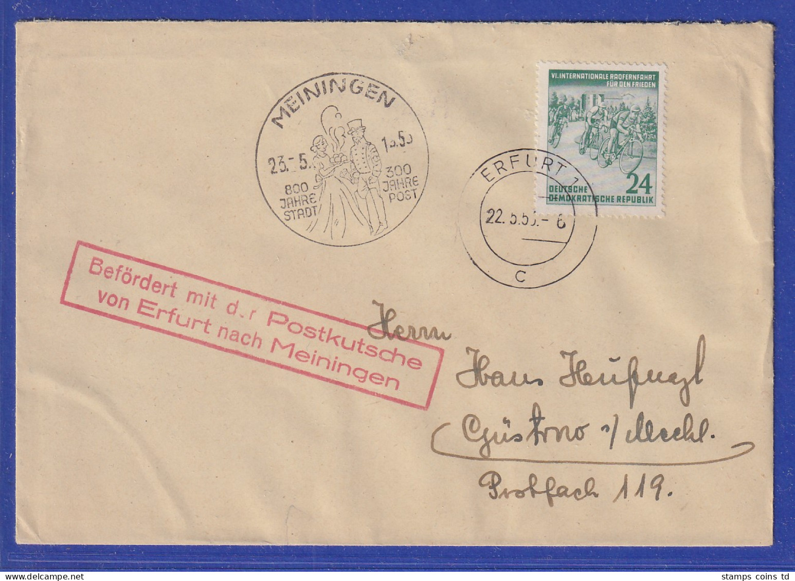DDR 1953 Radrennen Mi.-Nr. 355 Auf Postkutschen-Brief Von Erfurt Nach Meiningen - Andere & Zonder Classificatie
