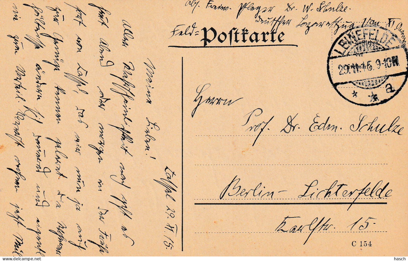 4935 23 Feldpostkarte 29-11-1915 Leinefelde- Berlin. Absender Dr Schulze, Krankenpfleger Deutsche Lazarettzug Vau. - War 1914-18