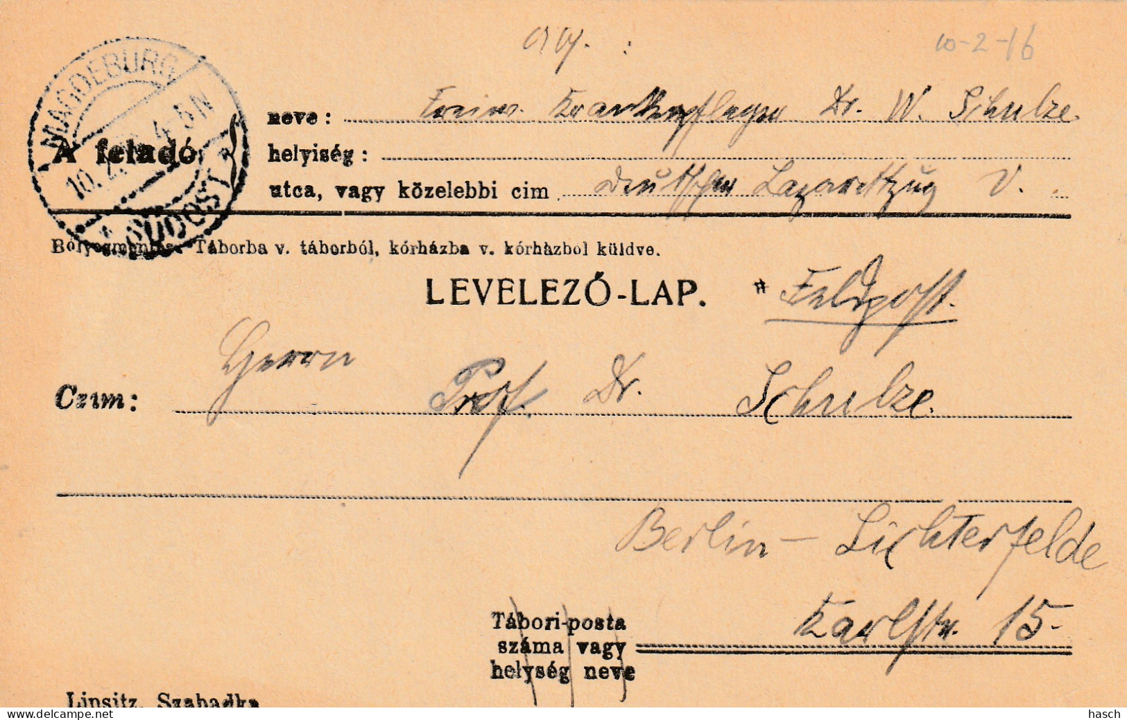 4935 25 Feldpostkarte 10-02-1916 Magdeburg Südost- Berlin. Absender Dr Schulze, Krankenpfleger Deutsche  - Oorlog 1914-18