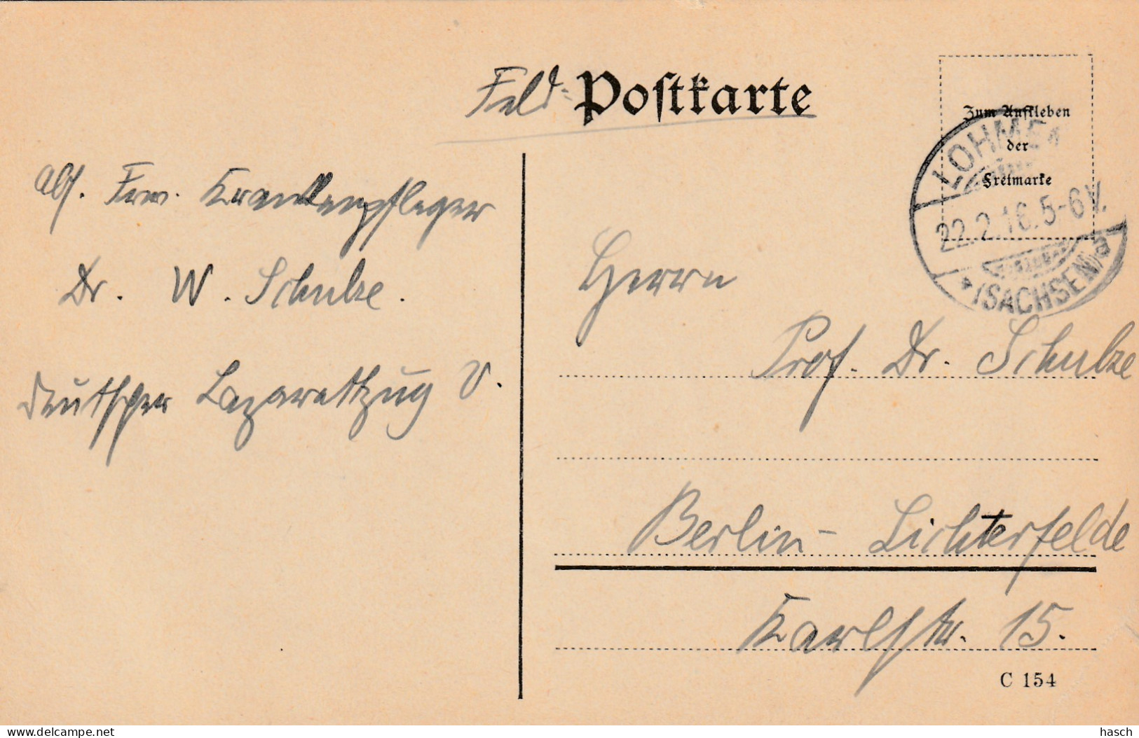 4935 27 Feldpostkarte 22-02-1916 Lohmen (sachsen)- Berlin. Absender Dr Schulze, Krankenpfleger Deutsche  - War 1914-18