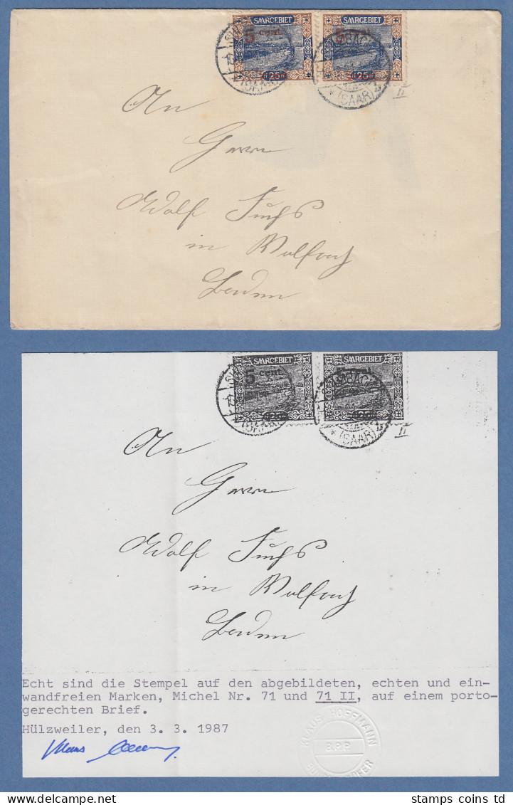 Saar 1921 Mi.-Nr. 71A I Mit PLF II 5 Gebrochen Auf Brief, Gepr. BPP Mit Befund - Covers & Documents