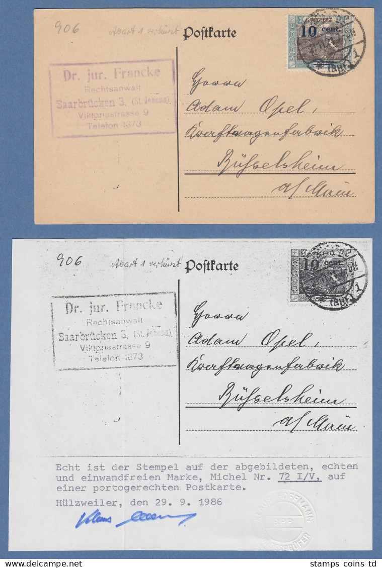 Saar 1921 Mi.-Nr. 72 I Mit PLF "Anstrich Der 1 Fehlt" Auf Karte, Gpr. BPP-Befund - Covers & Documents