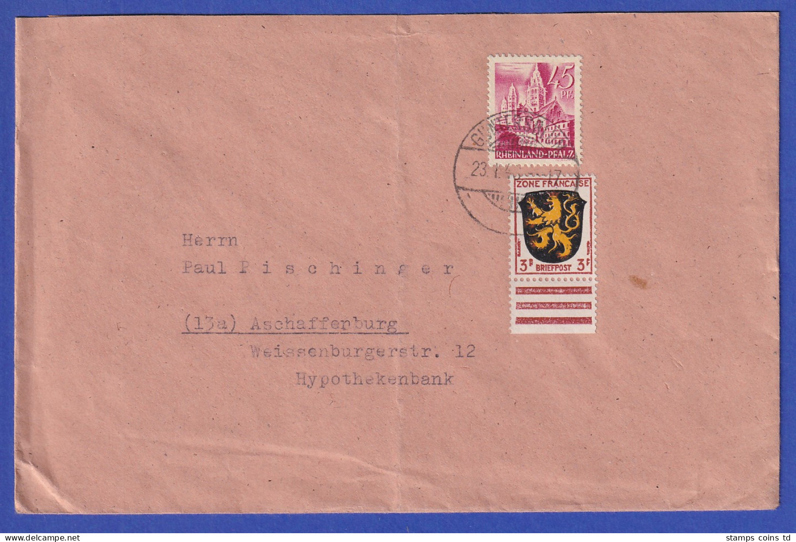 Franz. Zone Rh.-Pfalz Mi.-Nr. 10 In MIF Auf Doppelbrief, O GUNTERSBLUM 23.1.48 - Sonstige & Ohne Zuordnung