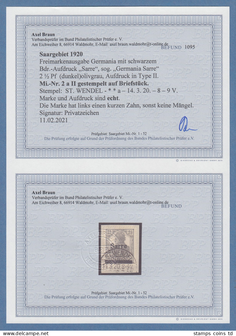 Saargebiet Germania 2 1/2 Pfg Aufdrucktype II  Mi.-Nr. 2a II , Befund Braun BPP - Used Stamps