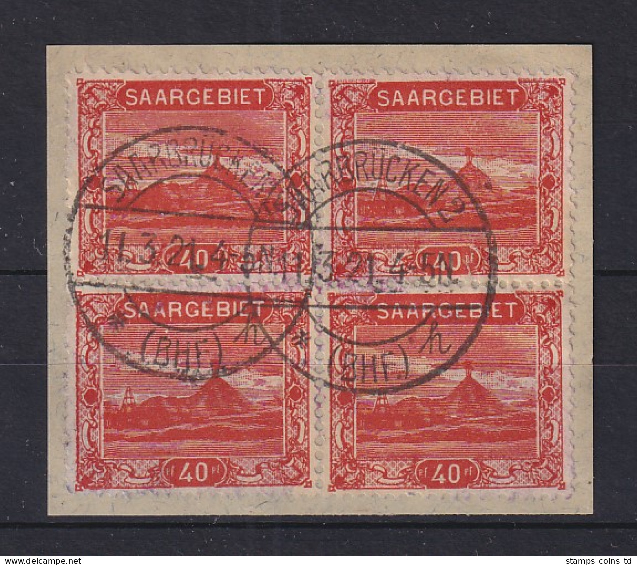 Saar 1921 Freimarken 40Pfg-Wert Mi-Nr. 59A Viererblock O Saarbrücken, Briefstück - Oblitérés