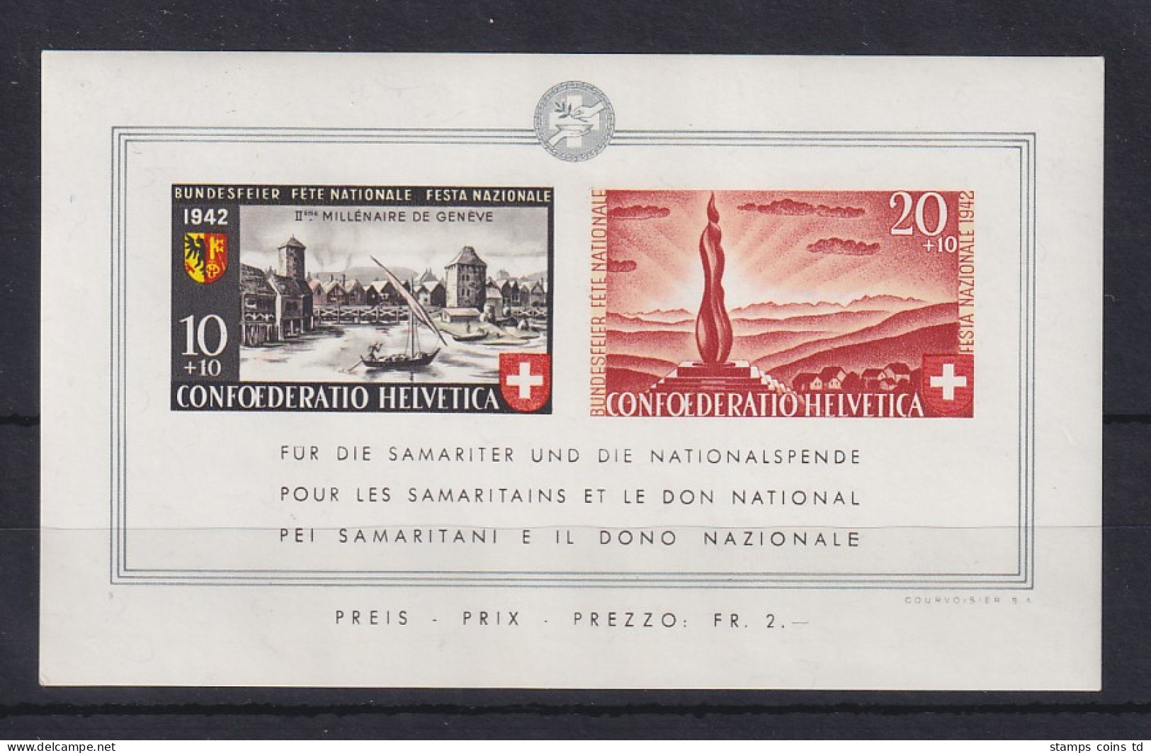 Schweiz 1942 Blockausgabe Pro Patria Genf-Jubiläum Mi.-Nr. Block 7 ** - Autres & Non Classés