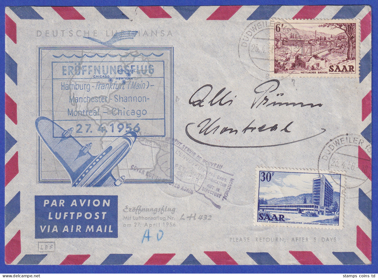Saarland 27.4.1956 Mitläufer Lufthansa-Erstflug : Hamburg-Manchester-Chicago  - Lettres & Documents