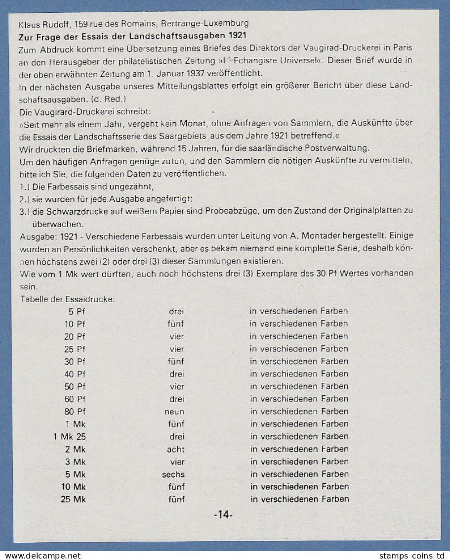 Saar 1921 Essai Zur Landschaftsausgabe, 10-Mark-Wert. SEHR SELTEN, Auflage 5 St. - Nuevos