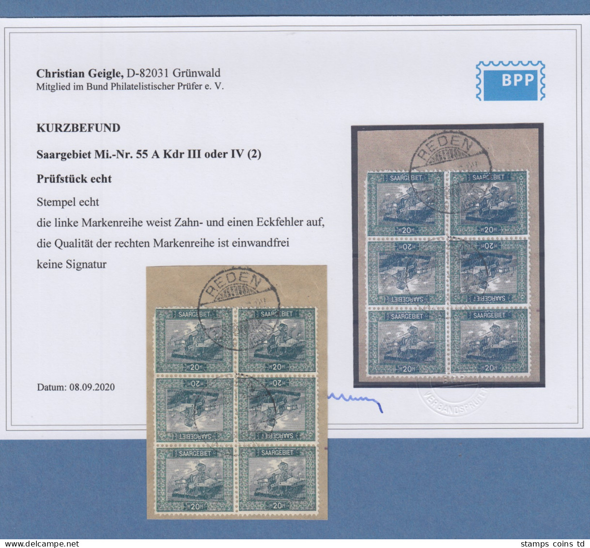 Saar 1921 Mi.-Nr. 55A Kehrdruck Kdr III Oder IV Im 6er-Block O, KB Geigle BPP - Used Stamps