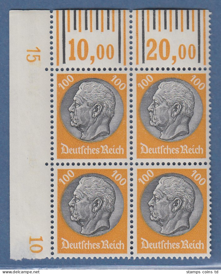 Dt. Reich Hindenburg Waffeln 100 Pfg Mi.-Nr. 495 Eckrandviererblock OL Mit DZ 15 - Neufs