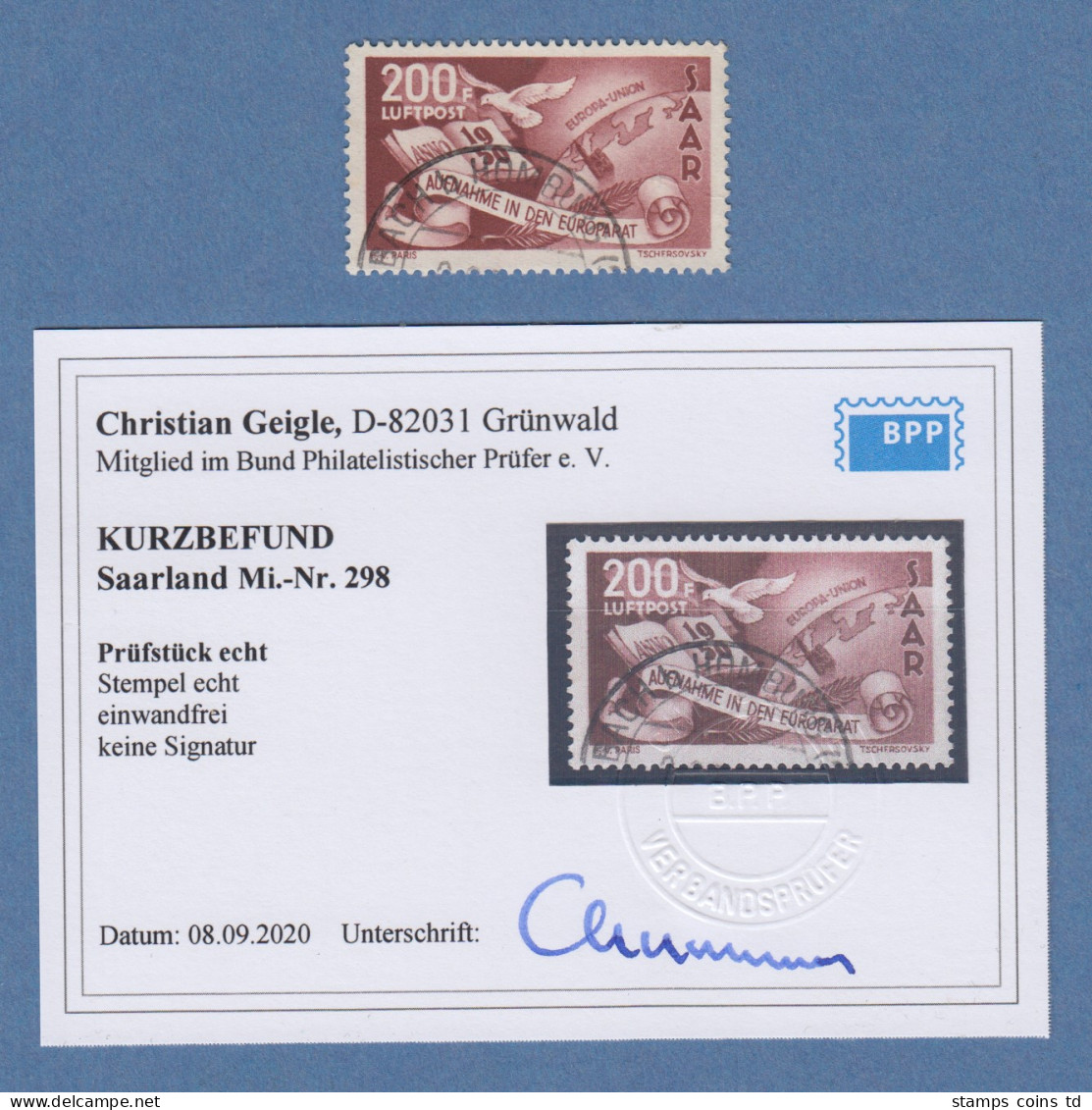 Saarland 1950 Europarat 200 F Luftpostmarke Mi.-Nr. 298  O Gepr. Mit KB Geigle  - Usati