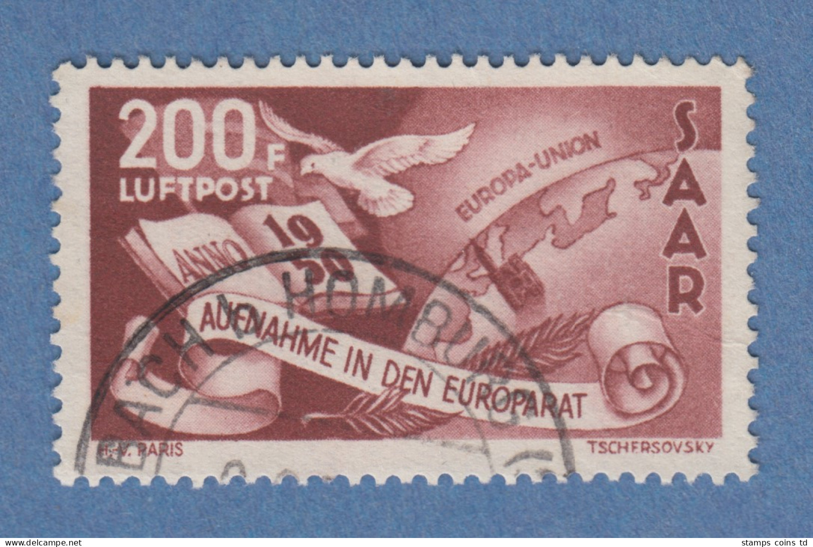 Saarland 1950 Europarat 200 F Luftpostmarke Mi.-Nr. 298  O Gepr. Mit KB Geigle  - Usati