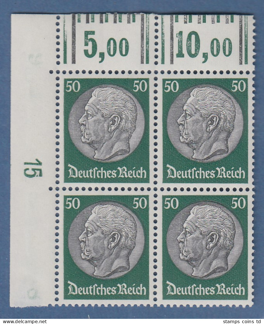 Dt. Reich Hindenburg Waffeln 50 Pfg. Mi.-Nr. 492 Eckrandviererblock OL Mit DZ 15 - Unused Stamps