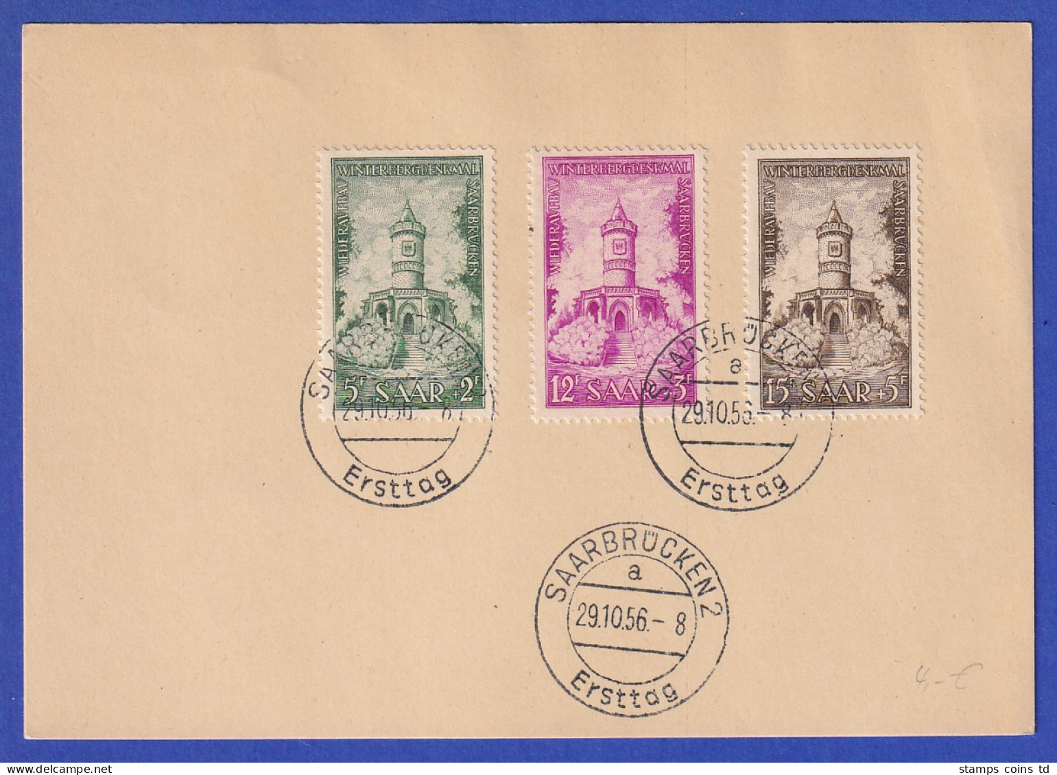 Saarland 1956 Winterberg-Denkmal Mi.-Nr. 373-75 Mit ET-O Auf Karte - Storia Postale