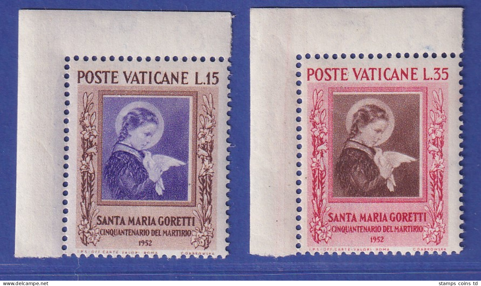 Vatikan 1953 Hl. Maria Goretti Mi.-Nr. 190-191 Eckrandstücke Postfrisch ** - Sonstige & Ohne Zuordnung