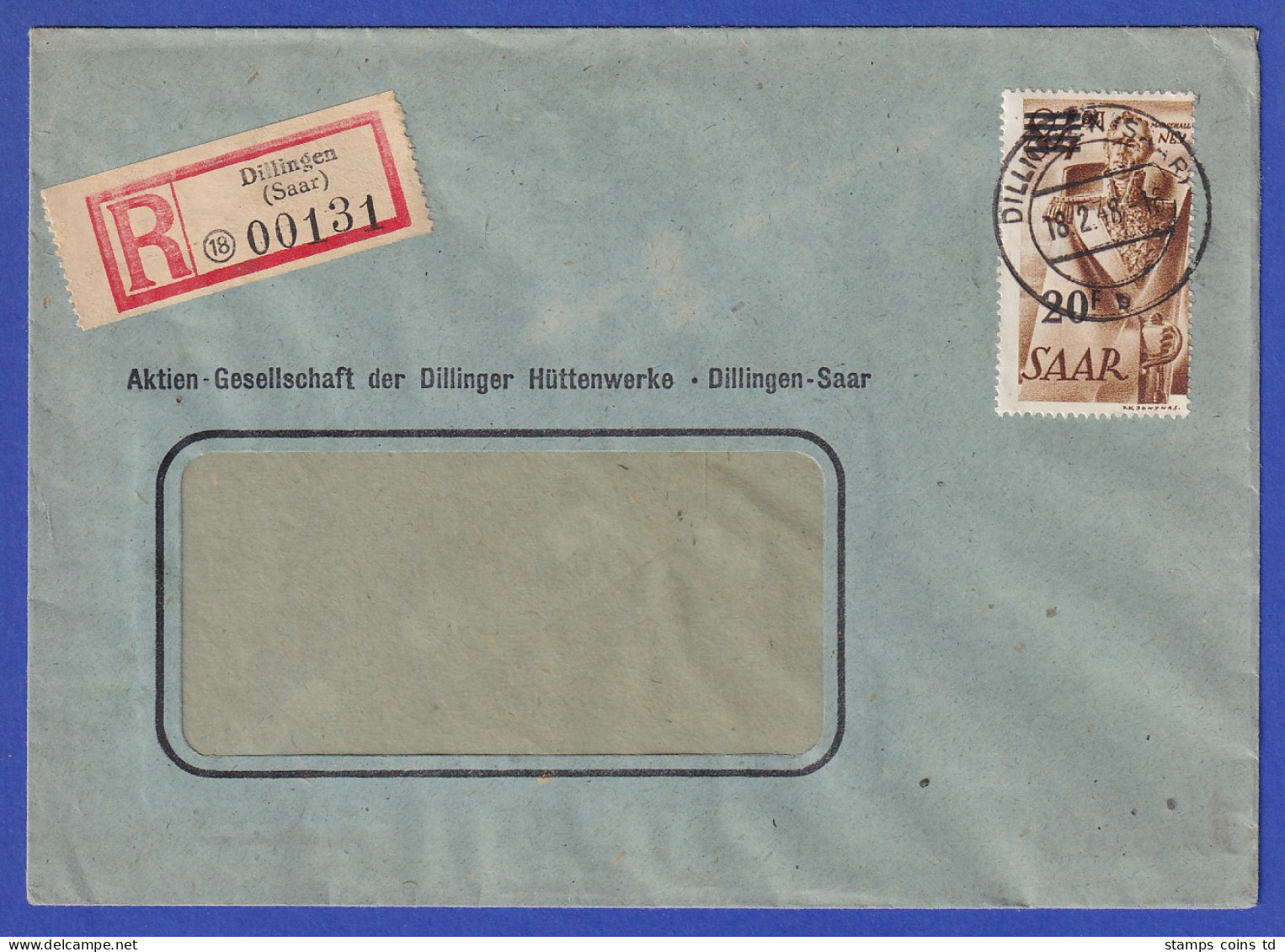 Saarland R-Brief Von Dillingen Nach Merzig Mit EF 20 Fr. Mi-Nr. 237 II - Brieven En Documenten