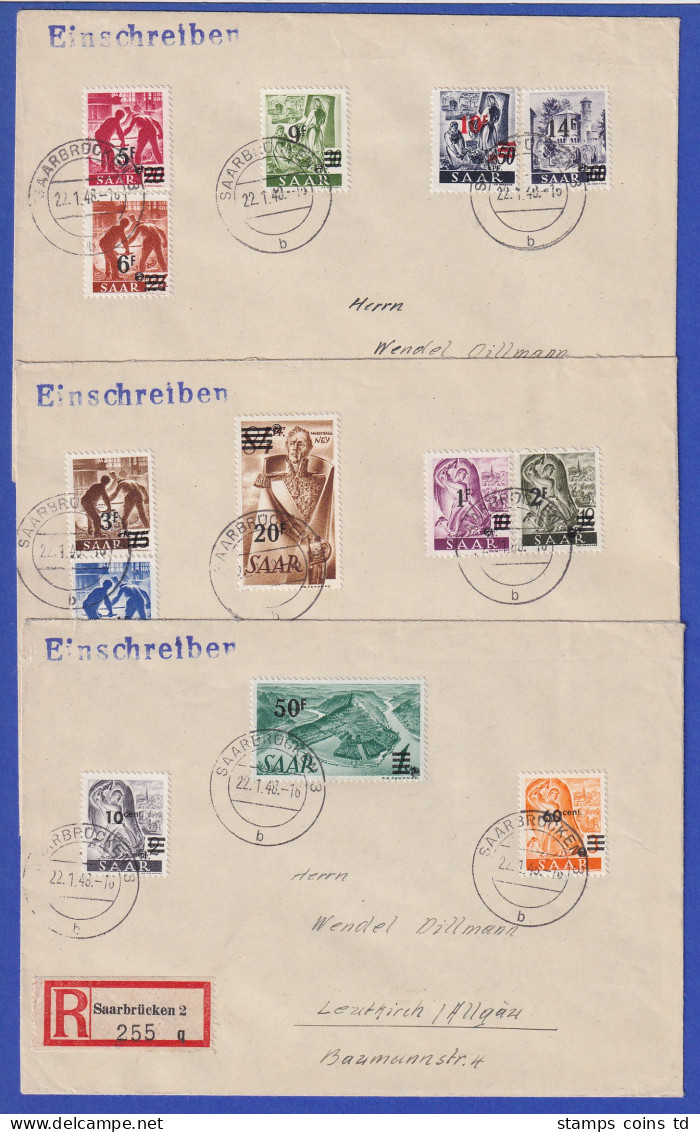 Saarland 1947 Aufdruck-Ausgabe Mi.-Nr. 226-238 Type II Kpl. Satz Auf 3 R-Briefen - Storia Postale