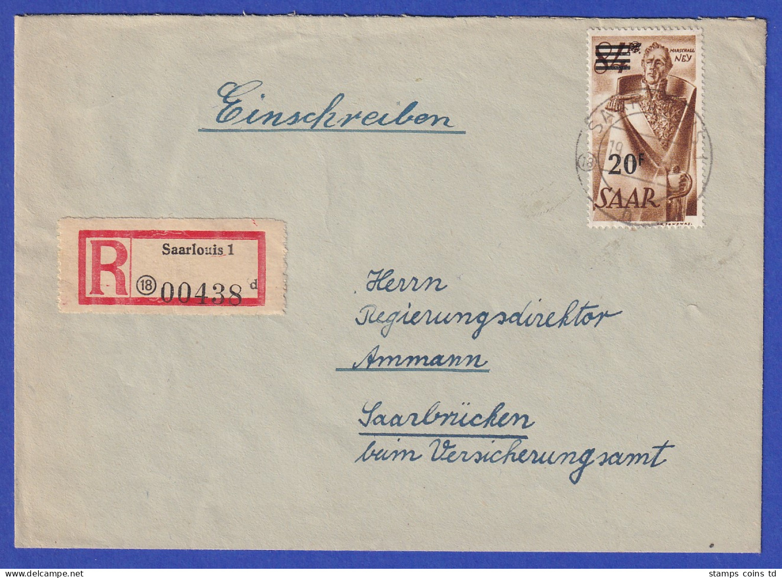 Saarland R-Brief Von Saarlouis Nach Saarbrücken Mit EF 20 Fr. Mi-Nr. 237 II - Briefe U. Dokumente