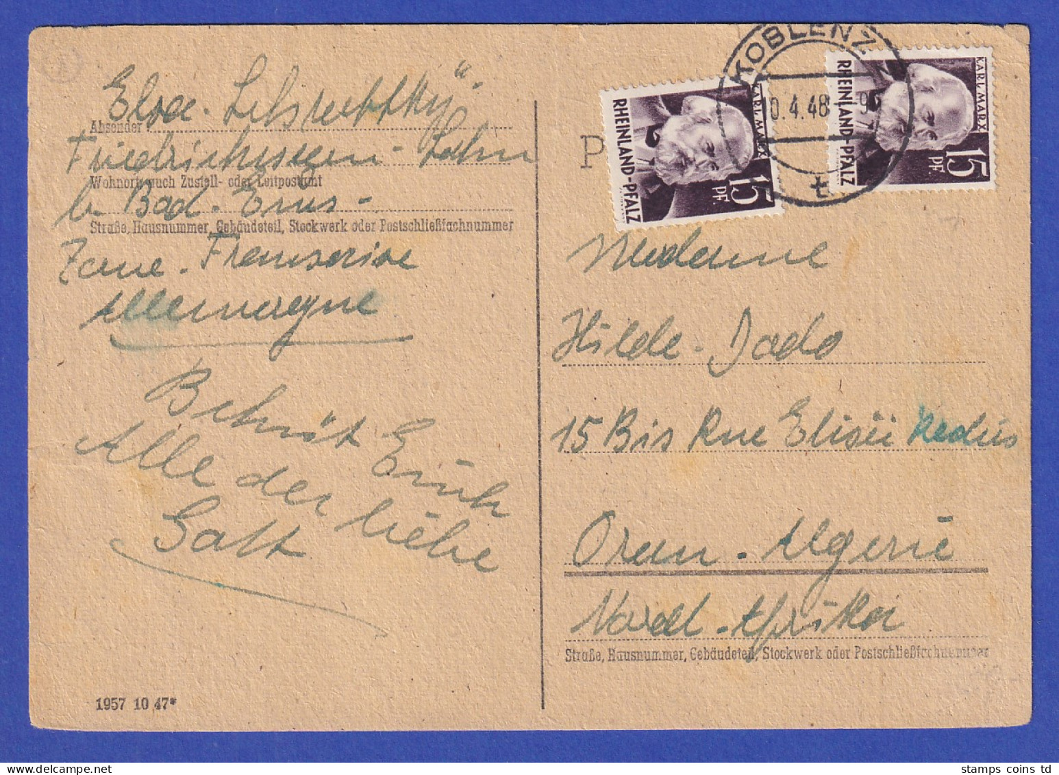 Franz. Zone Rh.-Pfalz Mi-Nr. 5 MEF Auf Postkarte Nach Algerien O KOBLENZ 10.4.48 - Altri & Non Classificati