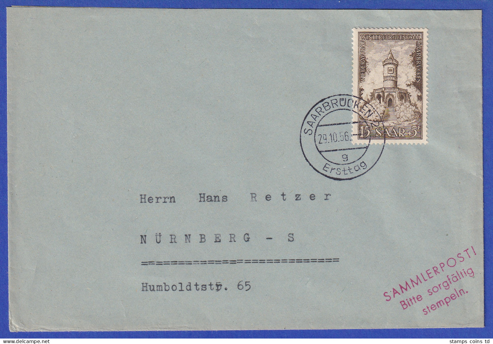 Saarland 1956 Winterberg-Denkmal Mi.-Nr. 375 Mit ET-O Auf Gel. FDC , Gpr. Ney - Cartas & Documentos